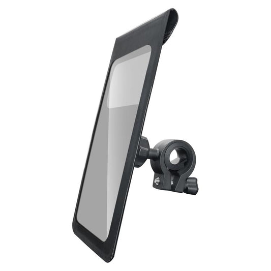 Waterproof phone holder with dark case and clear front window on a handlebar mount