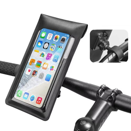 Waterproof phone holder bag on a black handlebar with phone secured behind a clear screen
