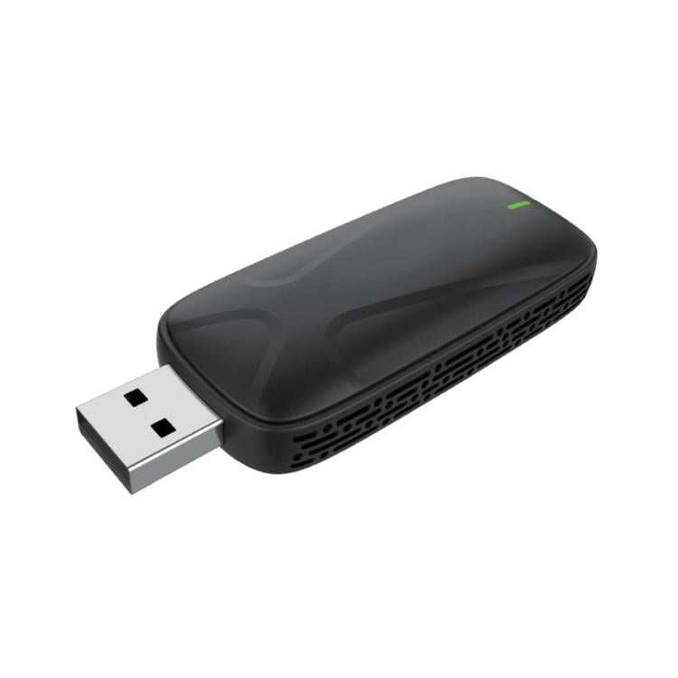 Black wireless CarPlay adapter with USB plug and side vent slots