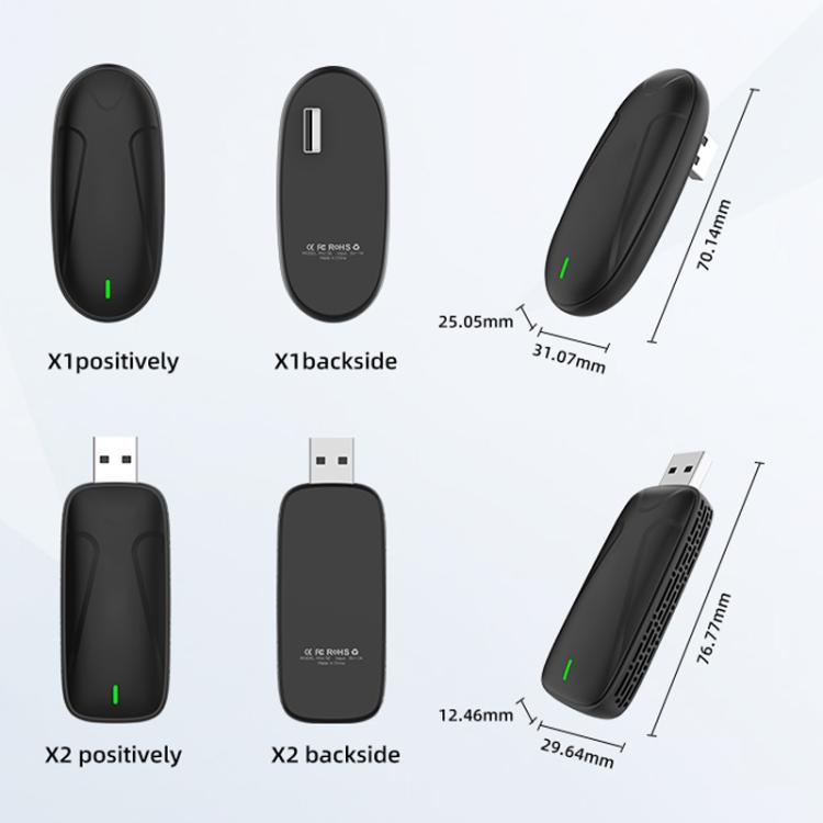 Black wireless CarPlay/Android Auto adapter shown from multiple angles with dimensions