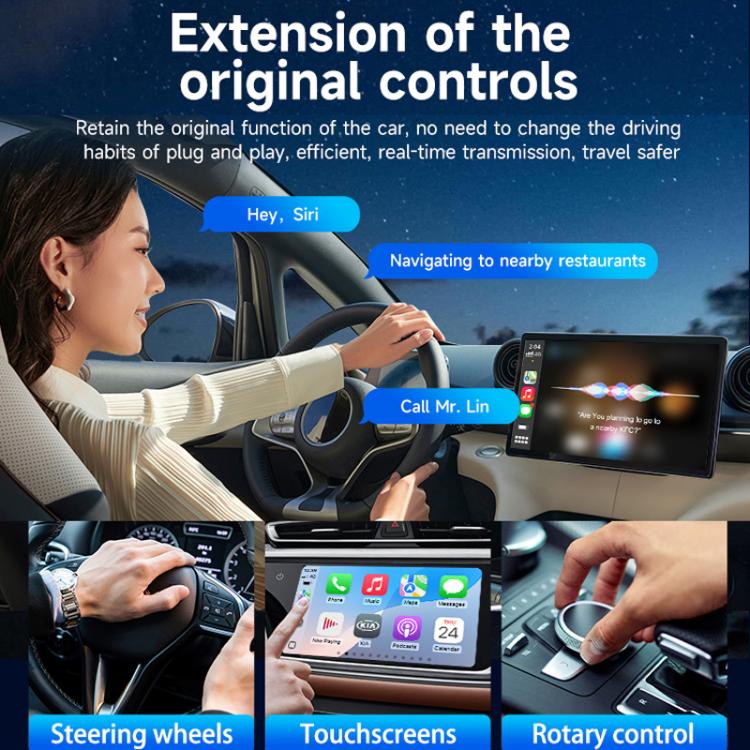 Wireless CarPlay adapter concept with steering wheel, touchscreen, and phone controls