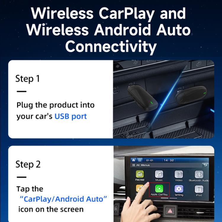 Black wireless CarPlay/Android Auto adapter plugged into car USB port