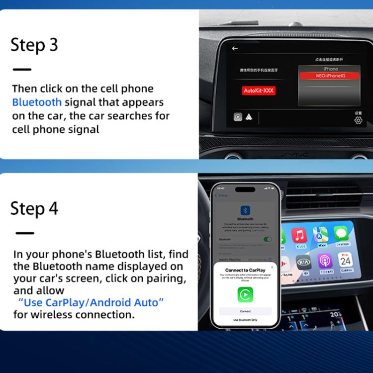 Black wireless CarPlay/Android Auto adapter with phone pairing on car display