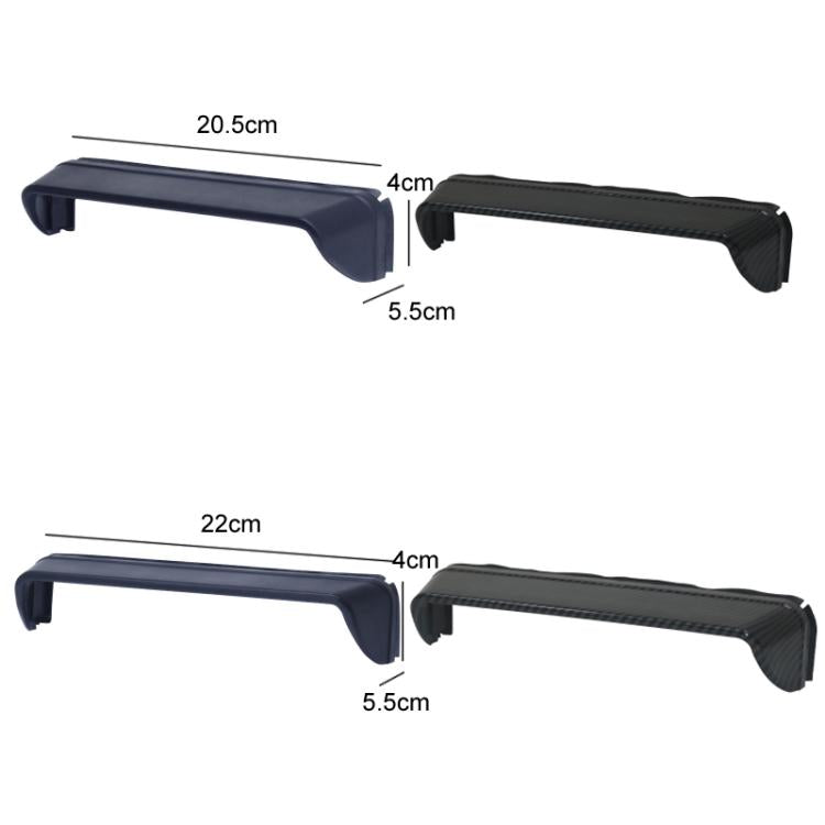 Car navigation display sun visor, dark blue and carbon-pattern options shown with size markings