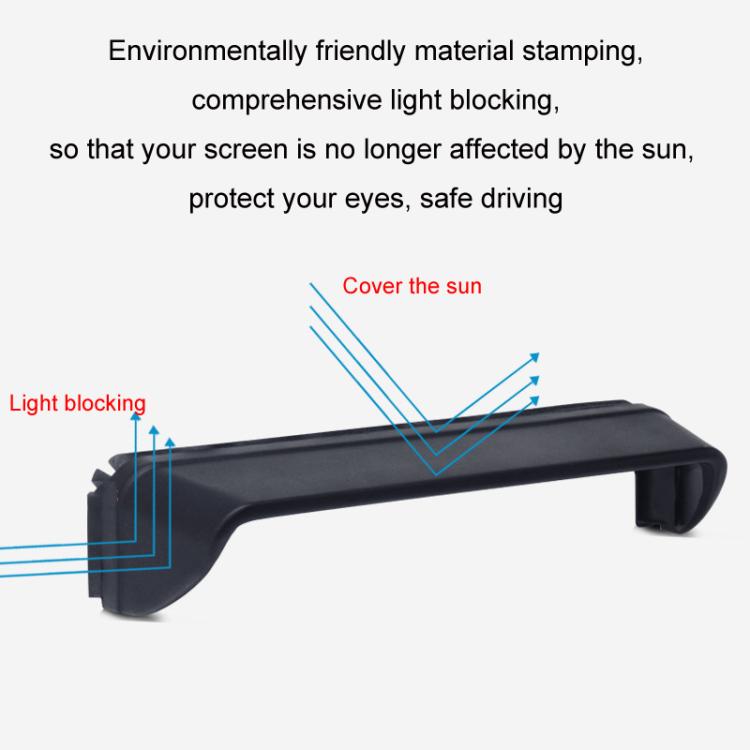 Car navigation display sun visor on dashboard, with light-blocking rays diagram