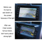 Car navigation display sun visor with before-and-after glare blocking on dashboard