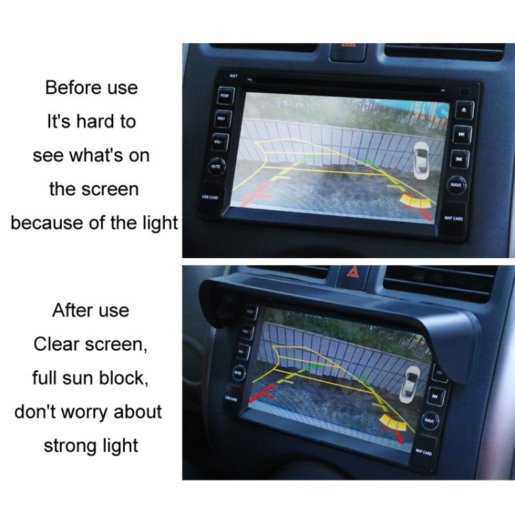 Car navigation display sun visor with before-and-after glare blocking on dashboard