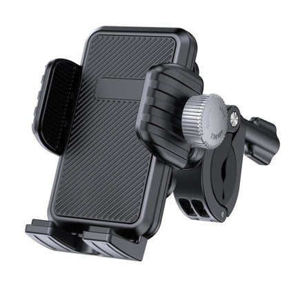 Black shock-absorbing gravity phone holder mount with handlebar clamp