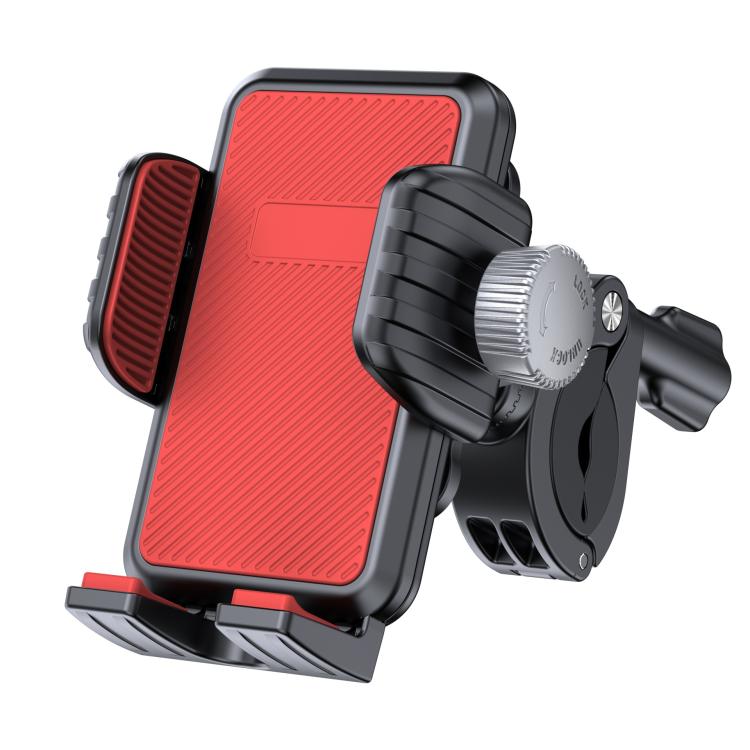 Red shock-absorbing gravity phone holder mount with handlebar clamp