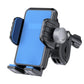 Blue shock-absorbing gravity phone holder mount with handlebar clamp