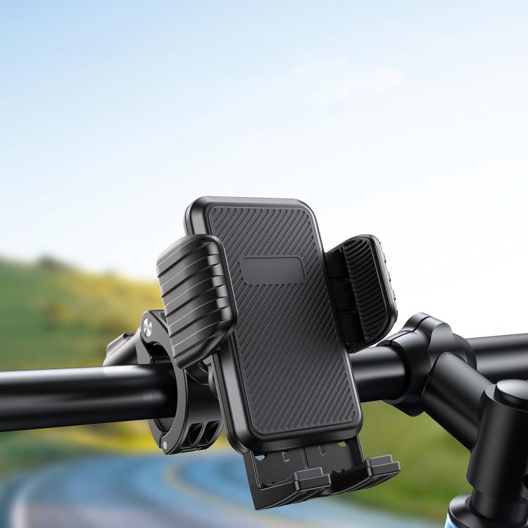 Black shock-absorbing phone holder mount on motorcycle handlebar
