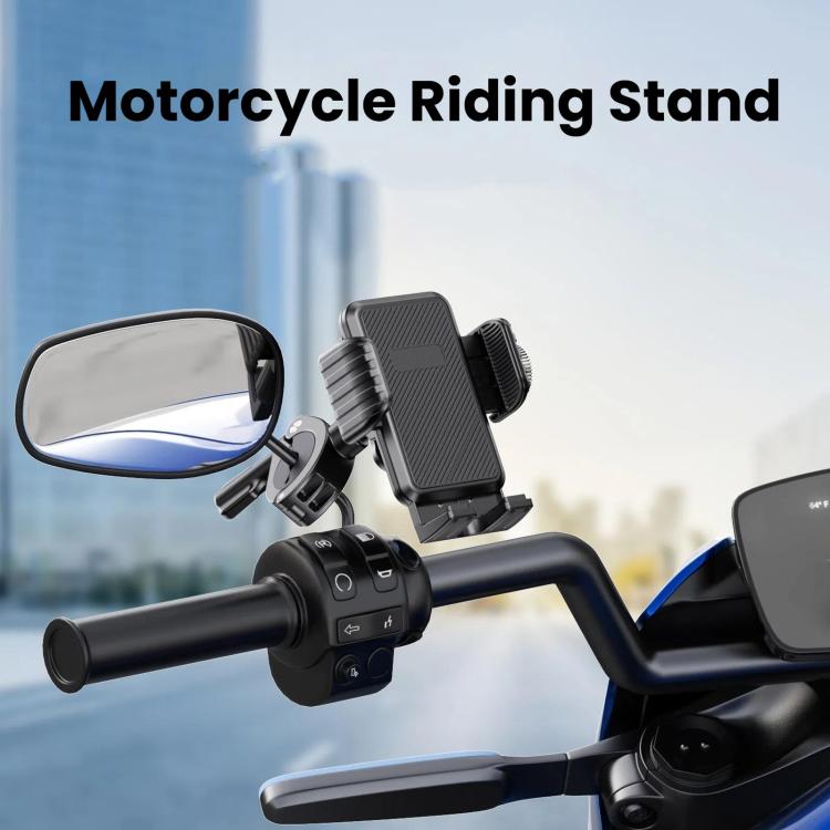 Black shock-absorbing phone holder mount on motorcycle handlebar