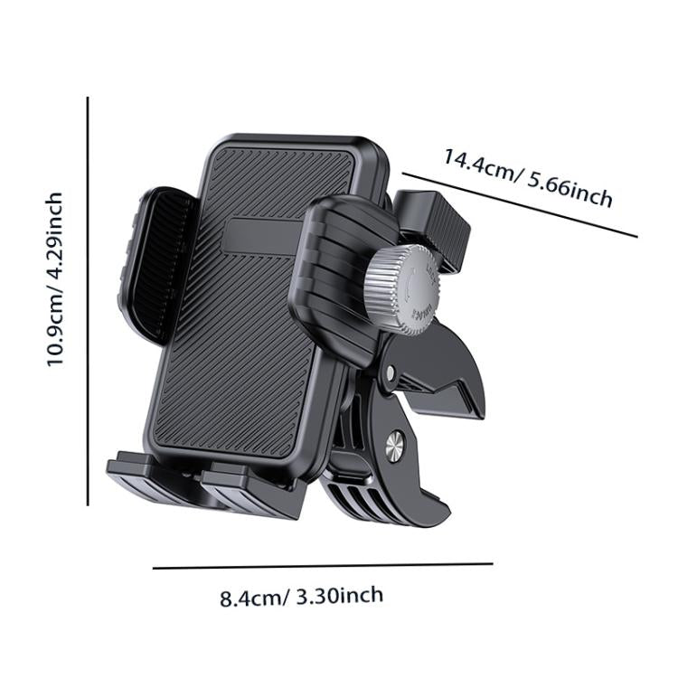 Black gravity phone mount with shock-absorbing clamp for bike or motorcycle bars