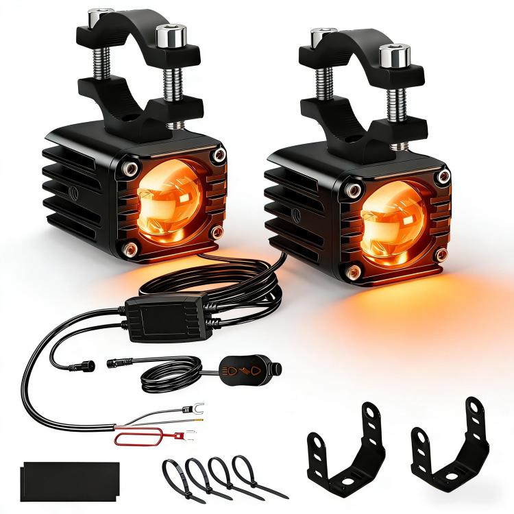 Orange LED demon-eye wired motorcycle spotlight with waterproof switch and clamp bracket