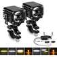 Pair of black LED motorcycle spotlights with round lenses and mounting brackets, wired set