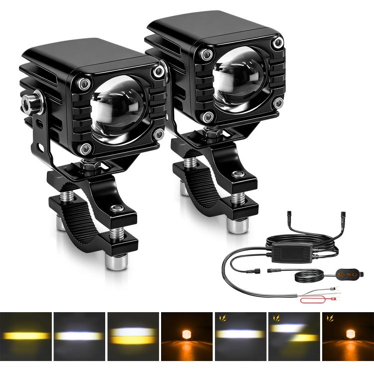 Pair of black LED motorcycle spotlights with round lenses and mounting brackets, wired set