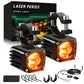 Black motorcycle demon eye spotlights with orange LED lenses and mounting clamps