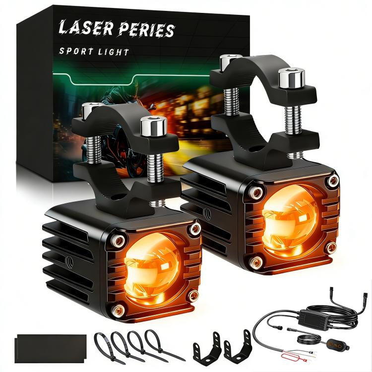 Black motorcycle demon eye spotlights with orange LED lenses and mounting clamps
