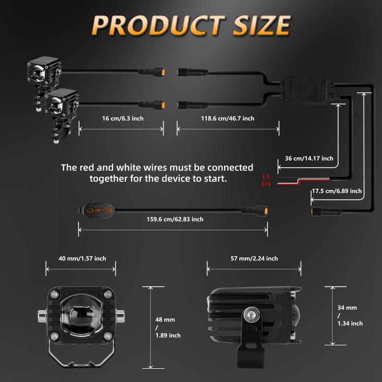 Motorcycle LED spotlight size diagram with measurements for wiring and mounting