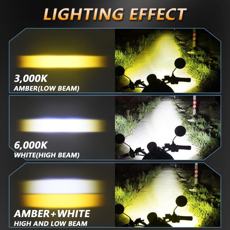 LED motorcycle spotlight lighting effect chart showing amber and white beams