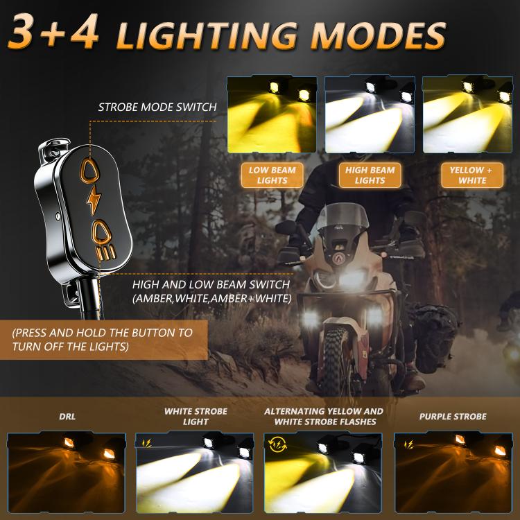 Motorcycle spotlight switch with multiple lighting modes diagram and beam examples