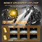 Motorcycle LED spotlight with single amber lens, brightness comparison graphic