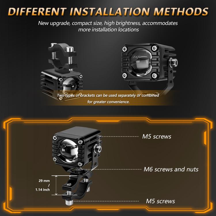Motorcycle LED spotlight installation methods diagram with bracket and screw labels