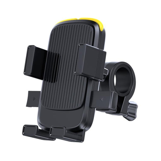 Black phone holder with yellow silicone strap and circular rearview-style clamp