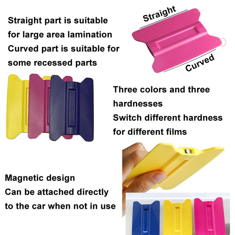 Magnetic winged car film scraper tools in yellow, pink, and blue