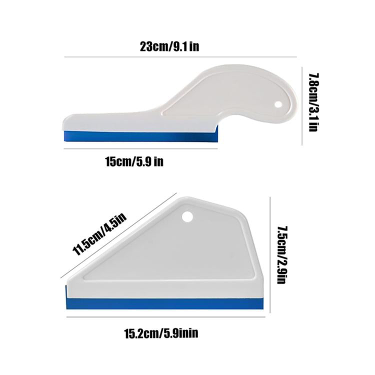 Car scraper tool with trapezoidal shape; size diagram with white and blue parts