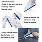 Curved-handled silicone scraper with blue edge shown with gloved hand and close-up