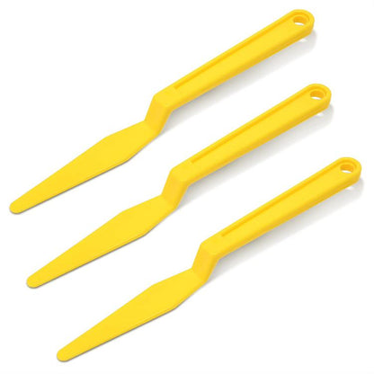 Set of three yellow plastic film scraper and seam tape handling tools