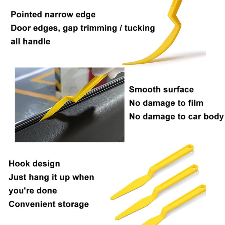 Yellow plastic car film scraper set with pointed narrow edge and hook for storage