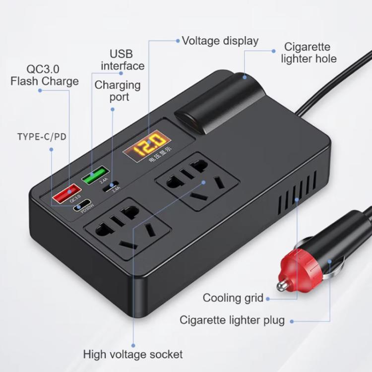 Black multi-function inverter with voltage display, USB ports, AC outlets, and cooling vents