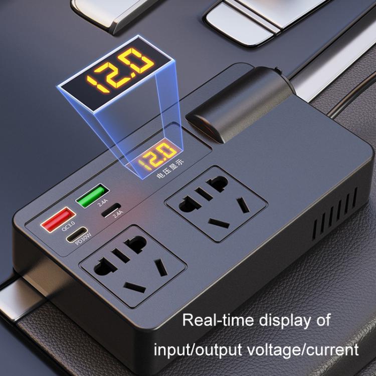 Black inverter socket with glowing voltage display, two AC outlets, and side USB ports