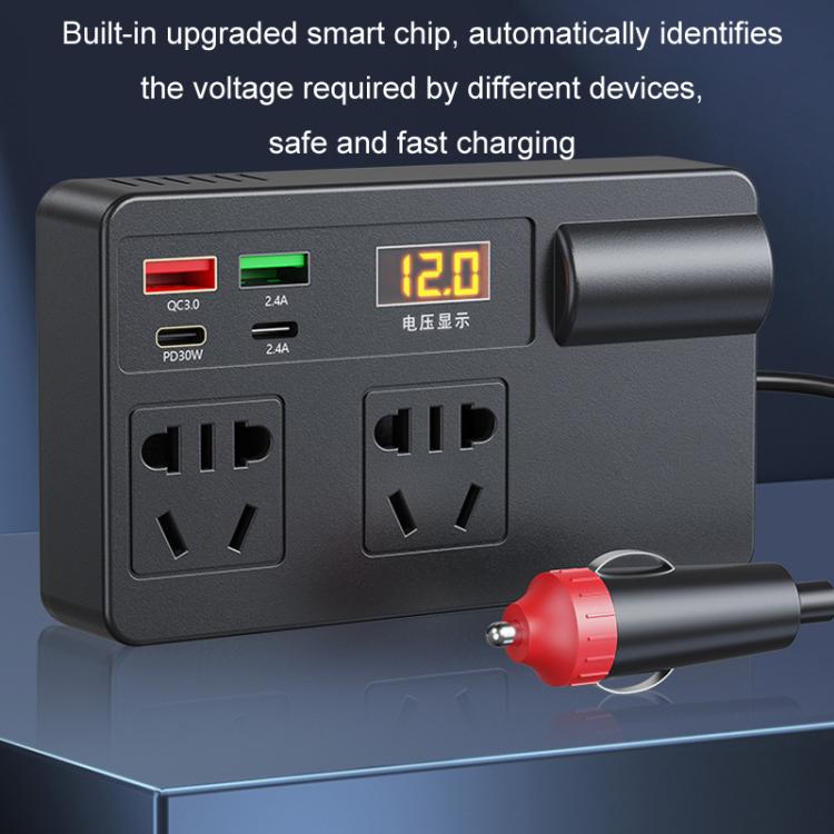 Black inverter charger with voltage readout, two AC outlets, and red cigarette lighter plug