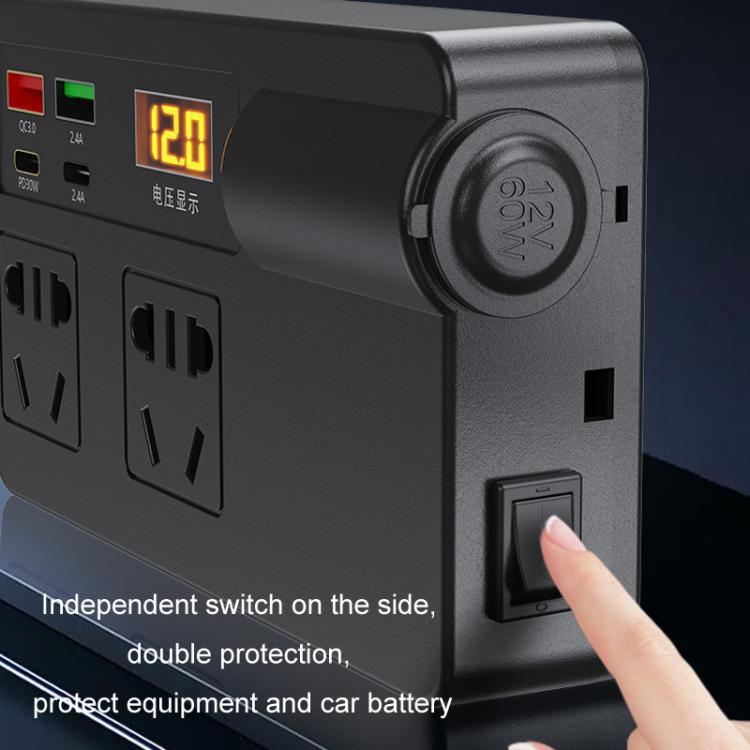 Black side switch inverter socket with voltage display, AC outlets, and two USB ports