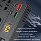 Close-up of black inverter panel with ports and glowing voltage display, vents on side