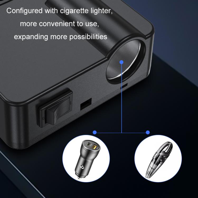 Black inverter charger side view with cigarette lighter plug and USB/AC ports