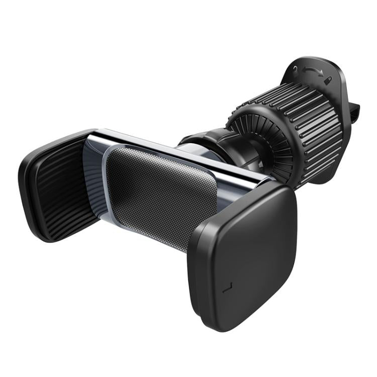 Car air vent phone holder with rotating clamp and mesh grip, black and gray