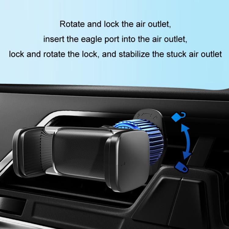 Car air vent phone holder with rotating lock arm and vent clamp, black