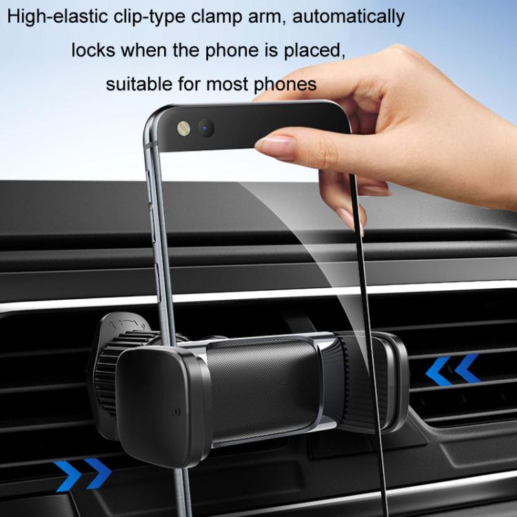 Car air vent phone holder with spring clip clamp arms for phones, black