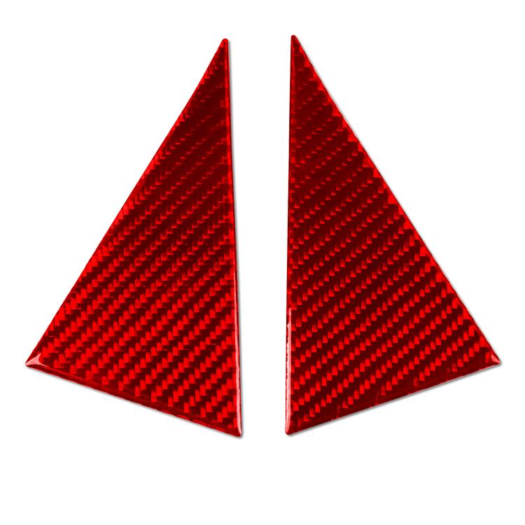 Set of 2 red carbon-fiber triangle door stickers with diamond weave pattern