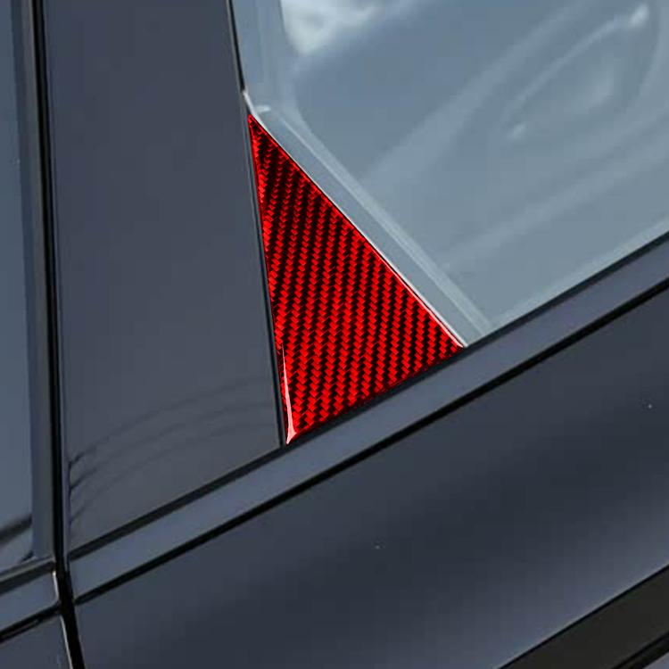 Red carbon-fiber triangle door sticker on car door trim, diamond weave texture