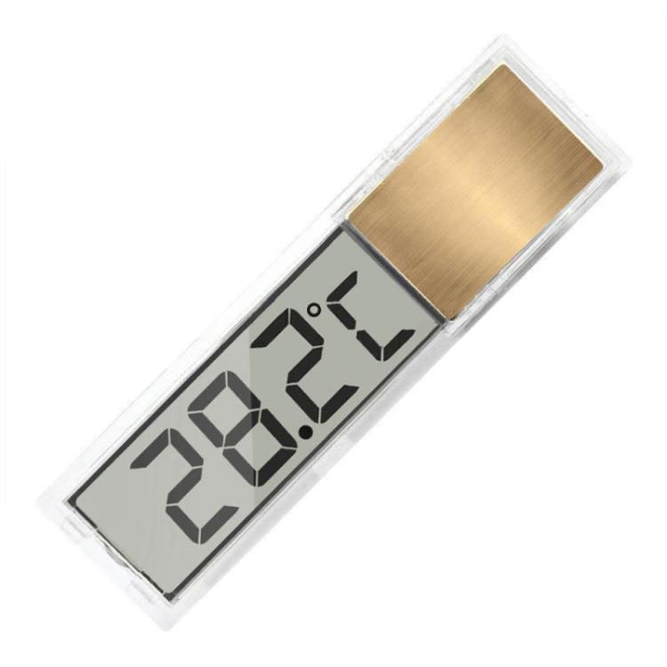 Digital aquarium thermometer with clear LCD strip and gold back, showing 26.2°
