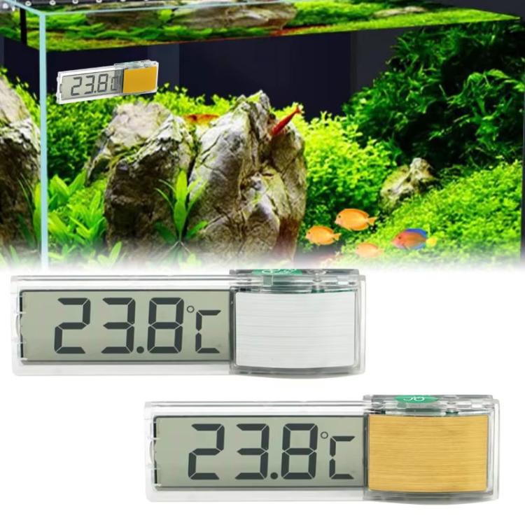Digital aquarium thermometer display showing 23.8° on clear housing, silver and gold