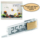 Digital aquarium thermometer with clear case, LCD reading 25.9° near fish tank
