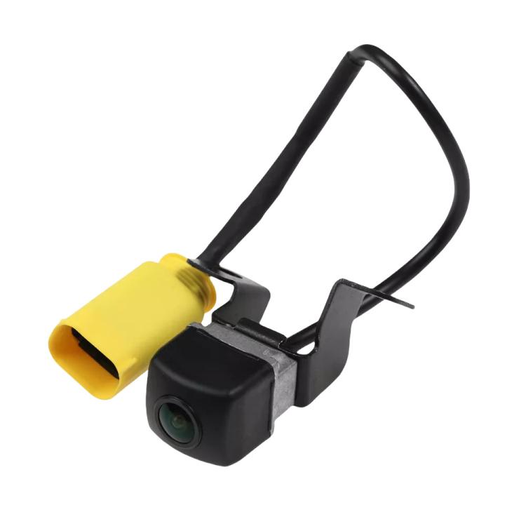 Rear view backup assist camera with black housing, round lens, yellow connector and cables