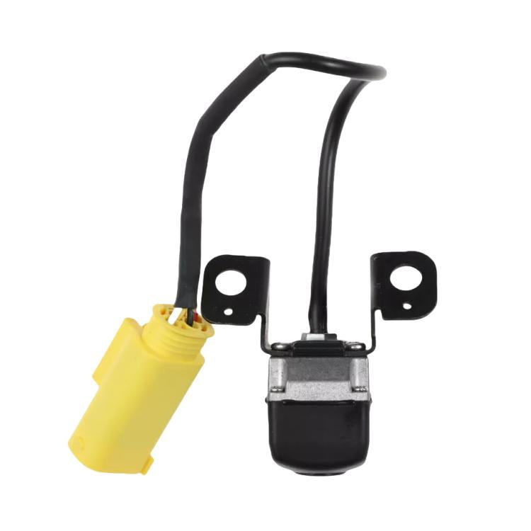 Rear view backup assist camera with black housing, round lens, bracket mount, yellow connector