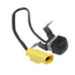 Rear view backup assist camera with side lens, black wiring harness and yellow connector